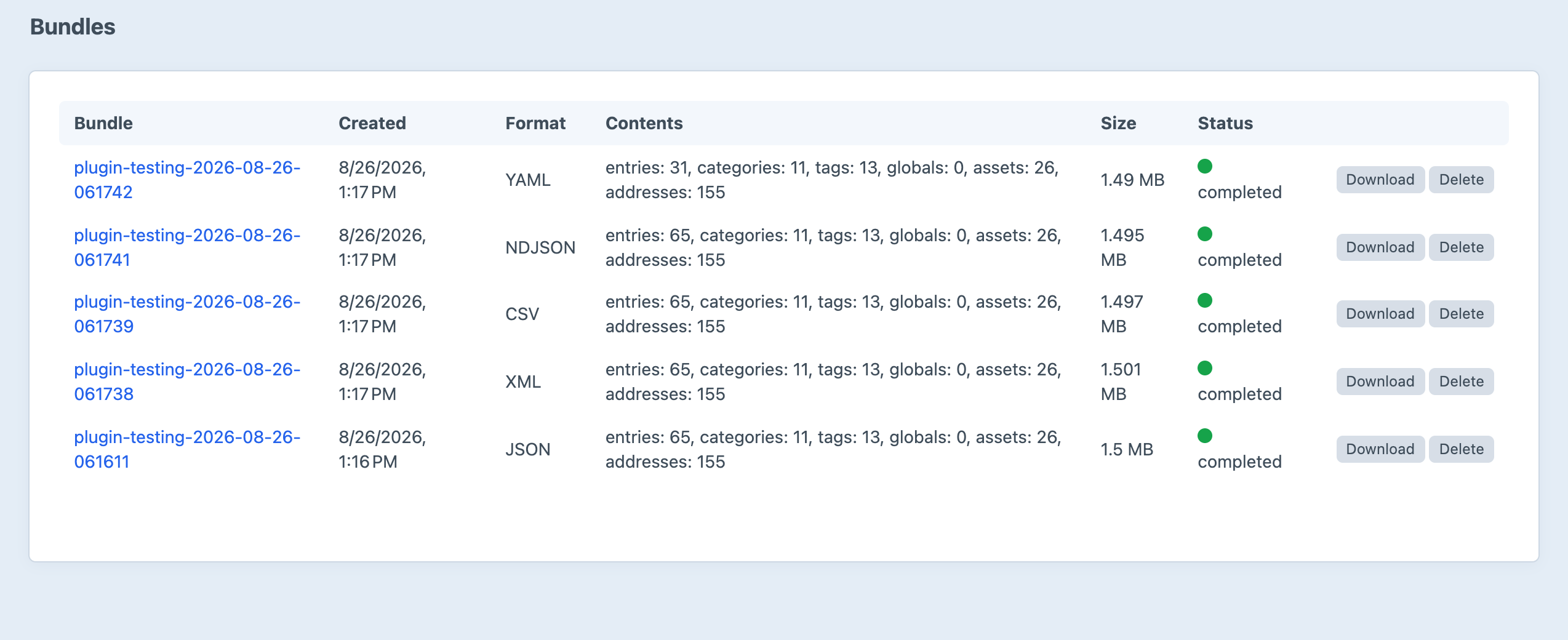 The Archive bundles screen listing four completed bundles in JSON, XML, CSV and NDJSON with their record counts, size and download links